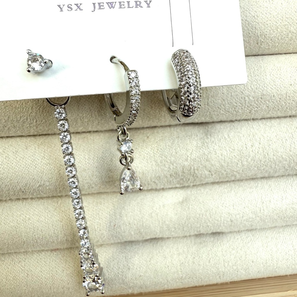 NEW Silver set of three asymmetrical earrings stones Stud piercing Earring Set